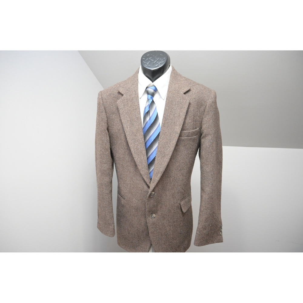 Haggar Tweed Blazer Mens 42R Brown Herringbone Wool Blend Sport Coat Excellent